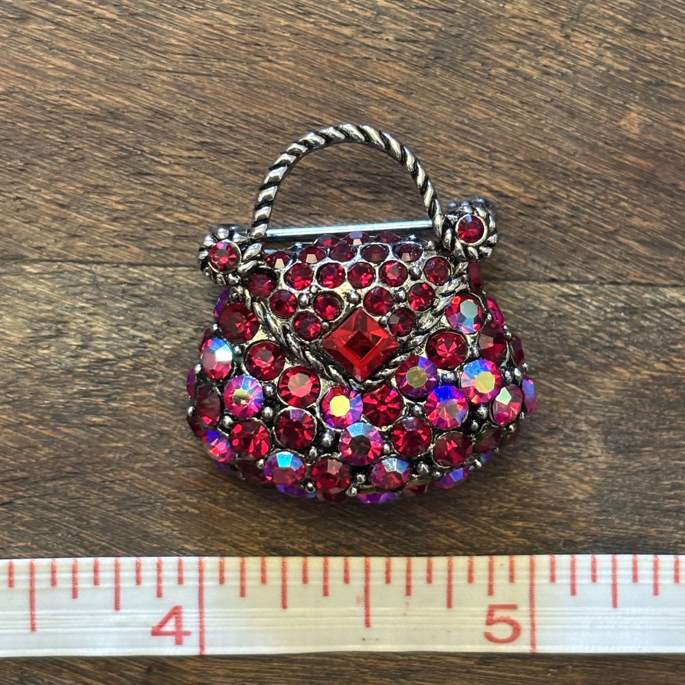 Faux Diamond Purse Handbag Brooch Antiqued Silver Tone